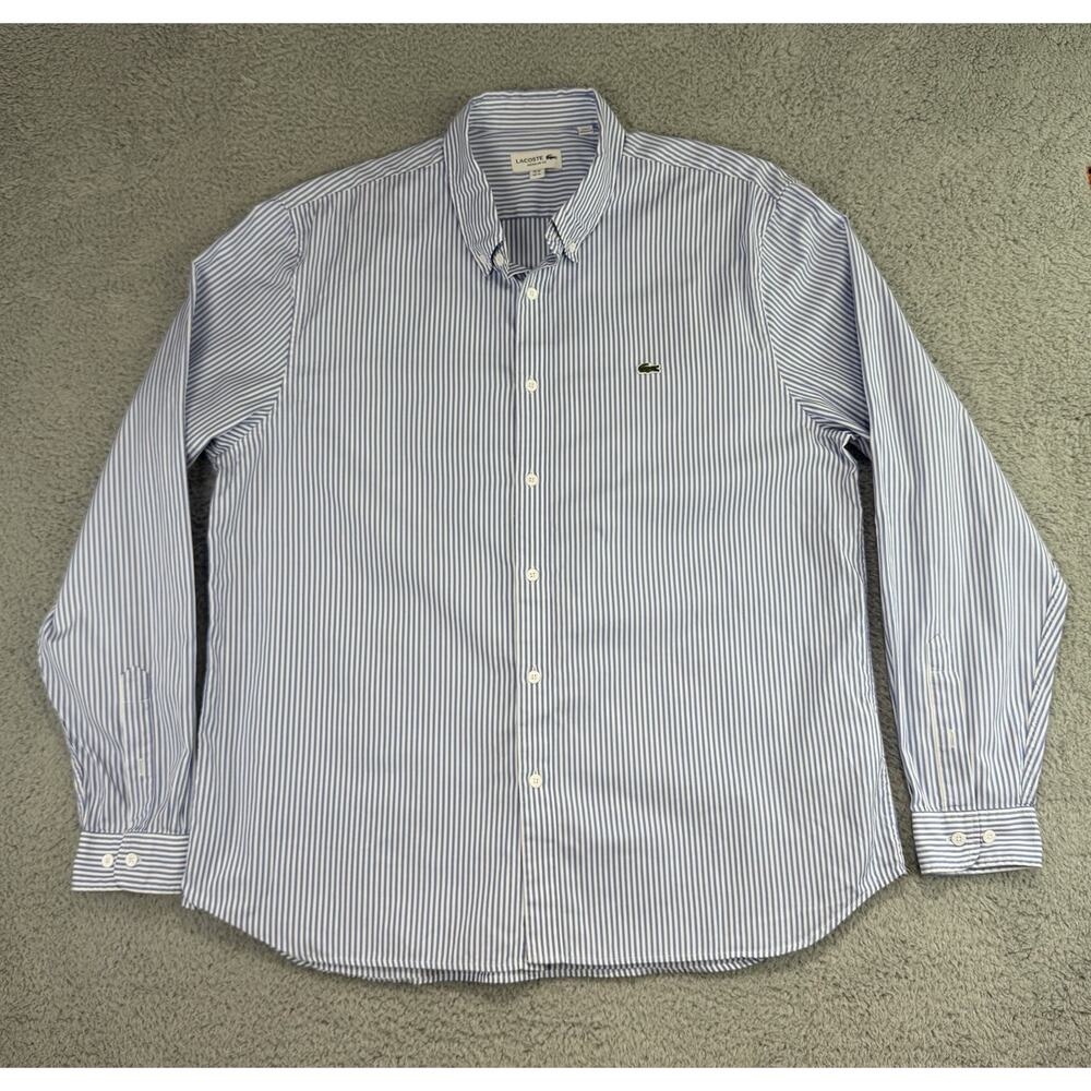 Lacoste Oxford Dress Shirt Mens XL EU 44 Blue White Stripe Regular Fit Preppy